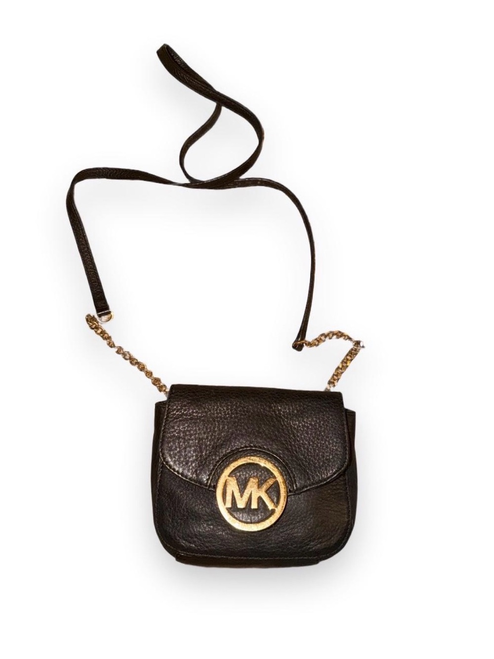 Michael Kors Black Pebbled Leather Crossbody with Gold MK Emblem